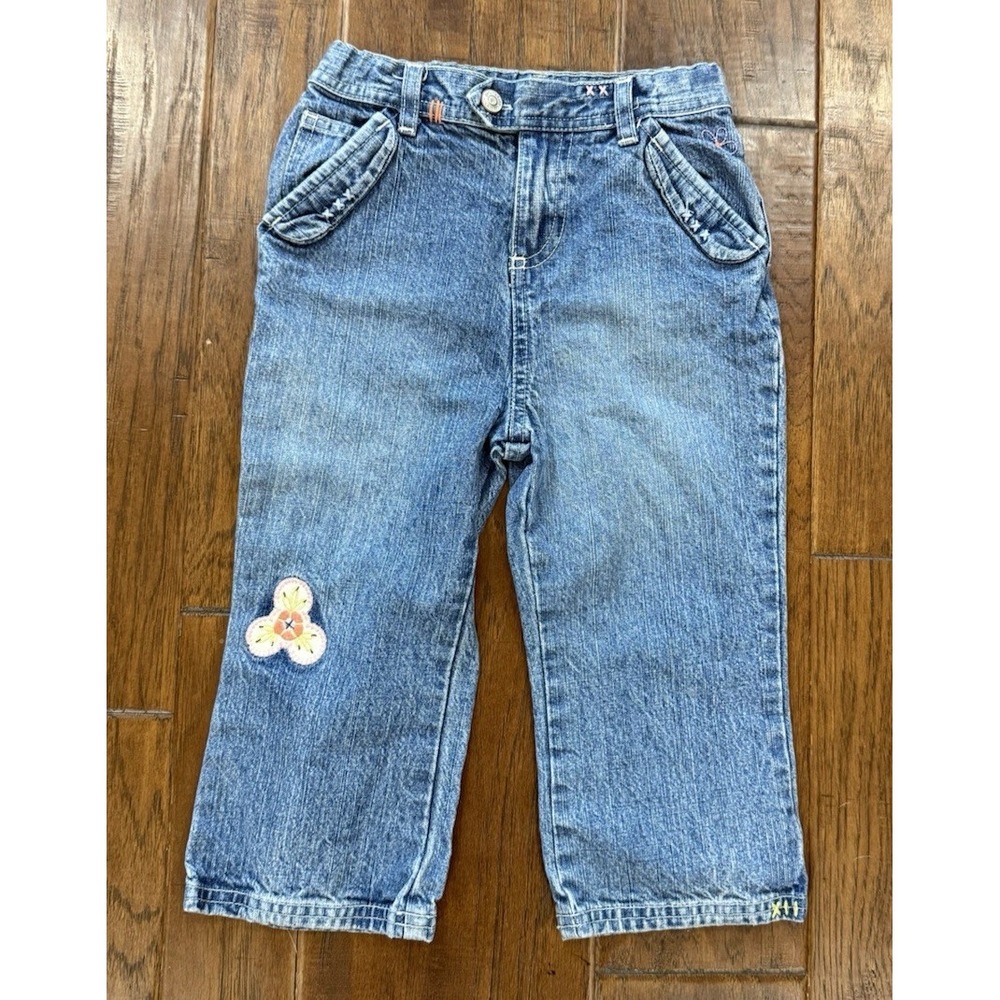 Vintage OshKosh Jeans Girls 5T Kids Embroidered Flowers Adjustable Wide Leg Boho
